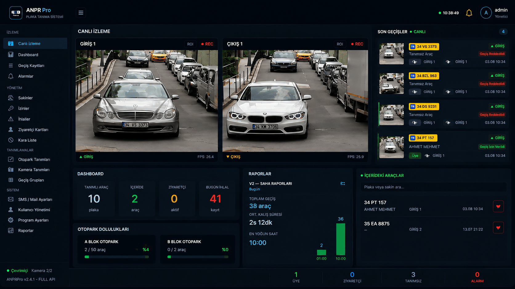 ANPR Pro canlı izleme ve dashboard ekranı: giriş/çıkış kameraları, son geçişler ve otopark doluluğu